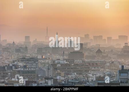 Barcelona Spain, aerial view sunrise city skyline at city center Stock ...