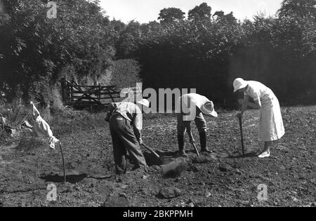 1930s, historical, summertime and two male farm labourers bent over digging soil in a field in the countryside, watched over by a lady wearing a long dress and summer hat, England, UK. Stock Photo