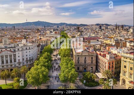 Barcelona Spain, high angle view city skyline at La Rambla street Stock Photo