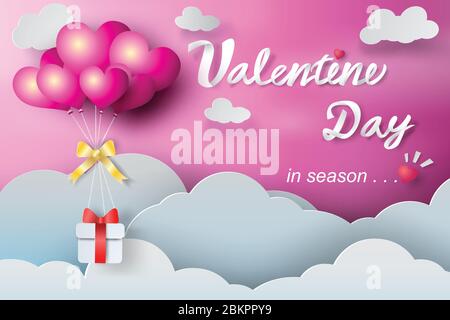 Paper art of valentine day ballon with gift on cloudscape,pink,vector Stock Vector