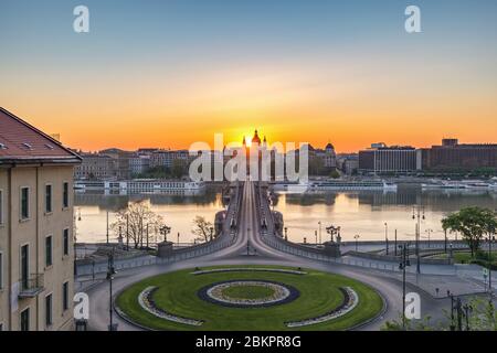 Budapest Hungary, city skyline sunrise at Danube River with Chain Bridge and St. Stephen's Basilica Stock Photo