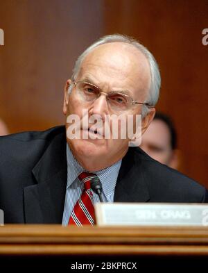 Washington, DC - September 24, 2007 -- United States Senator Larry Craig (Republican of Idaho) questions a witness during a United States Senate Committee on Energy and Natural Resources hearing on Capitol Hill in Washington, DC on Monday, September 24, 2007. Craig is expected to resign from the Senate this week unless his guilty plea to disorderly conduct charges stemming from his June 11, 2007 arrest during a sting operation in a restroom at Minneapolis-St. Paul International Airport is overturned. Credit: Ron Sachs | usage worldwide Stock Photo