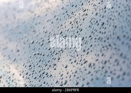 Shimmering raindrops on car surface. Reflected sky. Abstract background. Selective photo. Stock Photo