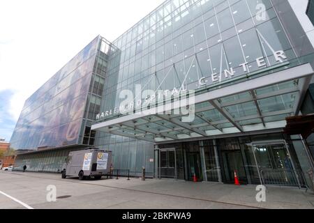 wide view of front facade of Harlem Hospital Center  in Harlem, a public teaching hospital. Stock Photo