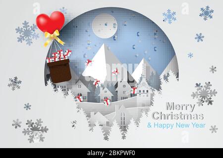 Paper art and craft of Merry Christmas with ballon gift Float above cityscape concept,heart,snow ,hills,vector Stock Vector