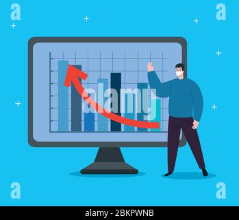 man with infographic of financial recovery in computer Stock Vector