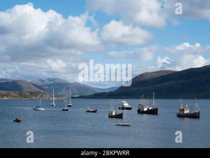 Fishing boats on Loch Broom, viewed from Ullapool, Scotland Stock Photo