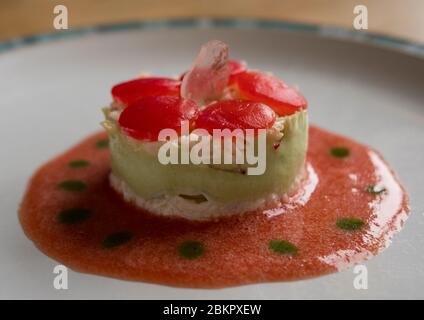 Avocado and Scottish crab dish at Côte Du Nord restaurant, Kirtomy, near Bettyhill, Sutherland, Scotland Stock Photo