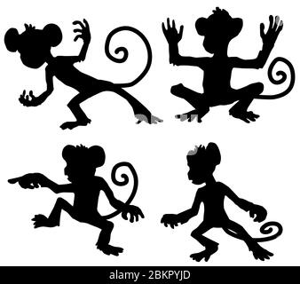 Monkey moves cartoon character black silhouette, vector illustration, horizontal, isolated, over white Stock Vector
