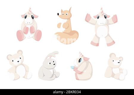 Flat vector isolated set of funny cartoon animal toys Stock Vector