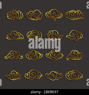 Set of golden clouds single line stroke vector. Stock Vector