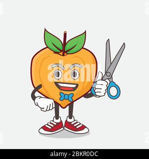 An illustration of Eggfruit cartoon mascot character as smiling barber with scissors on hand Stock Vector