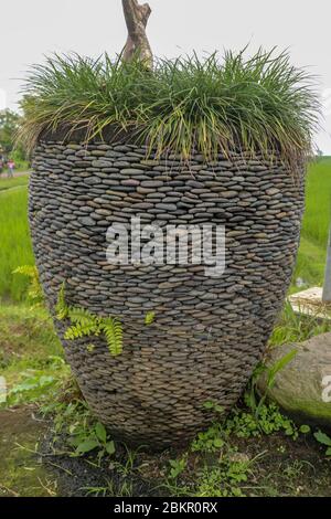 Huge flower pot made of small black pebbles. Ornamental flower pot placed in nature. Ornamental grass-covered pot of stones. Desigen accessory to the Stock Photo