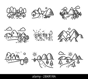 Landscape view vector. Land mountains icon set. Single line stroke illustration. Stock Vector