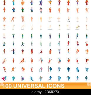 100 universal icons set. Cartoon illustration of 100 universal icons vector set isolated on white background Stock Vector