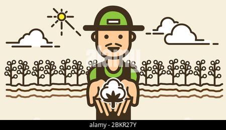 A farmer shows young plant in hands front of organic farm with smiling and happy icon. Stock Vector