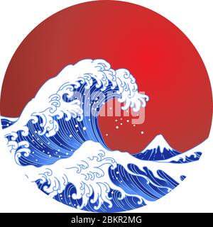 Big Asian ocean wave, red sun and the mountain illustration. Ocean of Kanagawa.Isolated on red sun background. Stock Vector