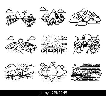 Landscape view vector. Land mountains icon set. Single line stroke illustration. Stock Vector