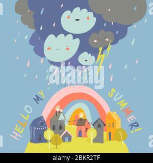 Little cartoon town in summer storm. Hello summer Stock Vector