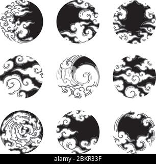 oriental cloud in an eclipse shape. Traditional line style collection. Dark night background. Stock Vector