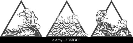 Oriental Japanese water wave line art vector. In triangle shape. For use to artwork, tattoo, logo, etc. Conceptual design. Stock Vector