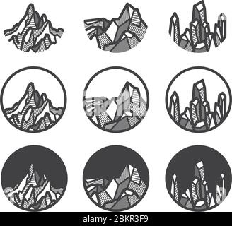 Moutain symbols in round shape. Use as logo, icon. Stripe line shadow style. Stock Vector