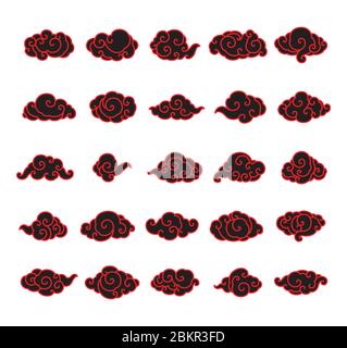 Collection of chinese clouds vector set. Red and black. Stock Vector