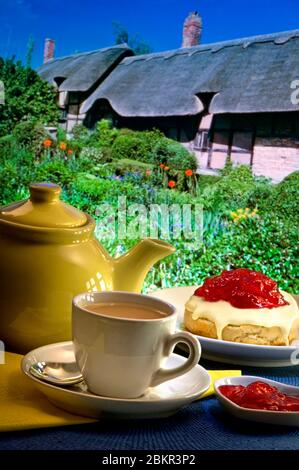 English Cream tea alfresco tea room garden Staycation outdoors terrace with traditional English thatched cottage and garden in background. England UK Stock Photo