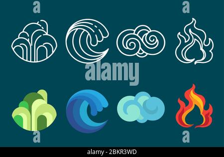 Four element icon set vector and illustration.Flat and line art styles - Vector Stock Vector