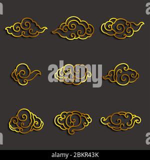 Set of golden clouds single line stroke vector. Stock Vector