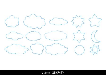 Set of different clouds, moon, sun and stars outline isolated on white background Stock Photo