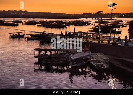 Egypt, Upper Egypt, Nile valley, Aswan, view on the harbor to Agilkia island and Philae temple Stock Photo