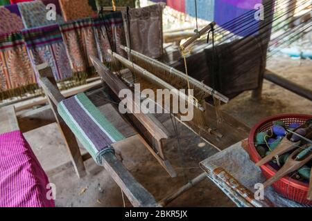 Laos, Luang Prabang city classified UNESCO world heritage, weaving machine Stock Photo