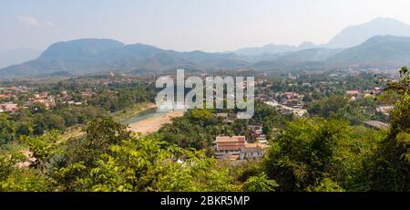 Laos, Luang Prabang city classified UNESCO world heritage, city view from Phu Si Hill, Stock Photo