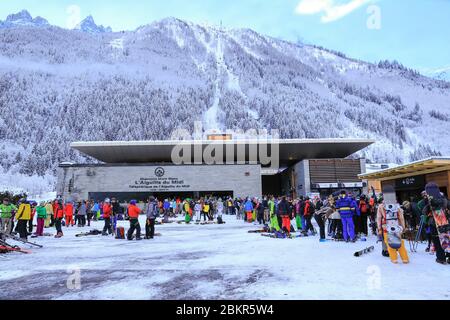 France, Haute Savoie, Chamonix, Mont Blanc massif, departure station of Aiguille du Midi in winter Stock Photo