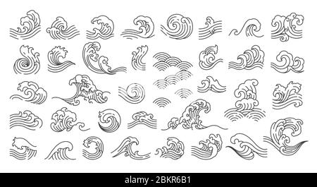 Set of oriental wave illustration. Japan wave. Linear style. - Vector. Stock Vector