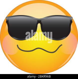 Cool drunken blushing emoji. Yellow face emoticon wearing sunglasses with a crumpled mouth, and blush on cheeks expressing drunken state of mind. Stock Vector