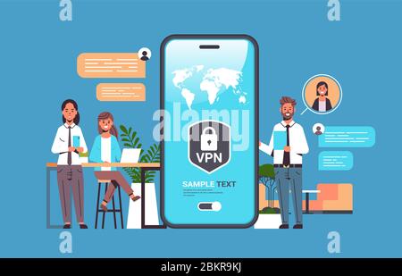 businesspeople using virtual private network for communication cyber security and privacy concept personal data protection vpn shield on smartphone screen horizontal full length vector illustration Stock Vector