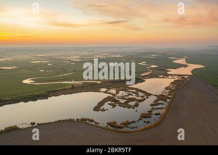 France, Somme (80), Baie de Somme, Noyelles-sur-mer, The marshes of the lower Somme valley near Noyelles-sur-mer on a foggy morning (Aerial view) Stock Photo