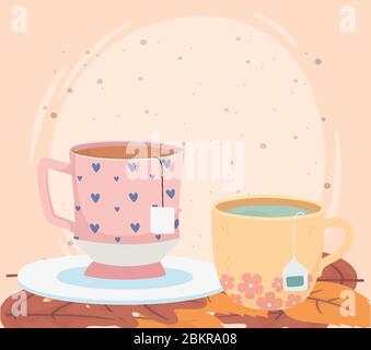 tea time, cups with tea bags leaves herbal design vector illustration Stock Vector