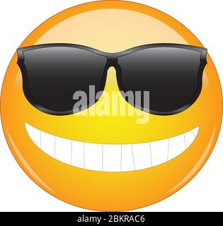 Cool emoji in sunglasses. Yellow smiling face emoticon wearing sunglasses and having wide smile showing all teeth. Expression of being cool, awesome, Stock Vector