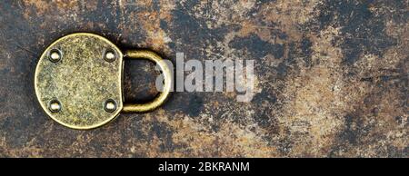 Security, safety, protection concept, locked padlock on rusty metal background, web banner with copy space Stock Photo