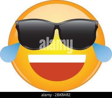 Cool laughing emoticon in shades. Awesome yellow laughing face emoji in sunglasses with a big grin, and shedding tears from laughing so hard. Expressi Stock Vector