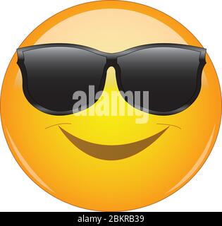 Cool emoji in shades. Yellow smiling face emoticon wearing sunglasses. Expression of being cool, happy, smiling. Stock Vector
