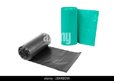 Rolls  of disposable trash bags isolated on white background Stock Photo