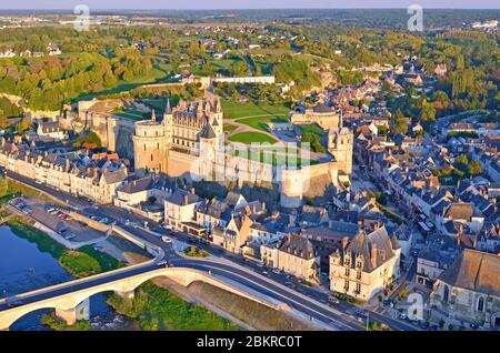 France, Indre et Loire, Loire valley listed as World Heritage by UNESCO, Amboise, the 15th century castle (aerial view) Stock Photo