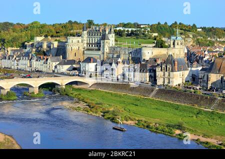 France, Indre et Loire, Loire valley listed as World Heritage by UNESCO, Amboise, the 15th century castle (aerial view) Stock Photo