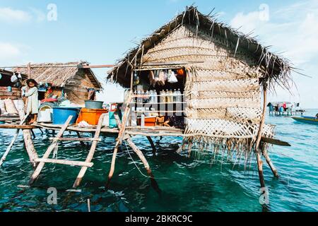 Semporna, Sabah, Malaysia - 26 April 2020 - Sea gypsies house by the sea Stock Photo