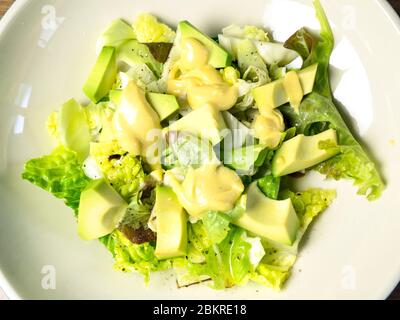 Fresh green salad of mixed lettuce leaves with avocado pieces and homemade mayonnaise Stock Photo