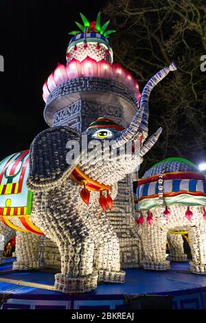 France, Loir-et-Cher, Selles-sur-Cher castle, Heavenly Lights Festival, Festival of Chinese Lanterns), Qilin, mythical animals, half dragon, half lion and temple of heaven The festival celebrates Chinese culture originating in the Tang dynasty (618-907 AD) in the city of Zigong in Sichuan province. 103000 lamps illuminate handmade animal sculptures, pagodas and temples constructed of silk, paper, glass and porcelain and painted on site Stock Photo